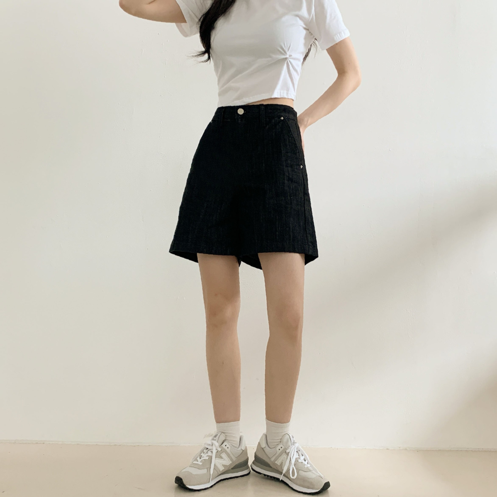 썸머핏 하이웨스트 뒷밴딩 버뮤다팬츠 5부 반바지 여름 데일리룩 와이드핏 블랙, M : Mode