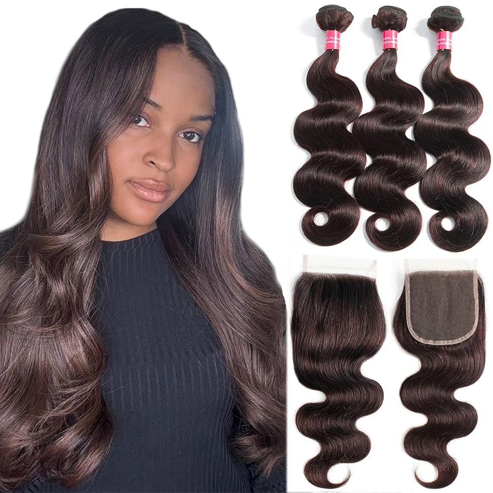 10A 다크 브라운 휴먼 헤어 번들, 클로저 바디 웨이브 가공되지 않은 브라질 생직물 밤 레이스 번들 (16 18 20+16 인치) : 인선상사09