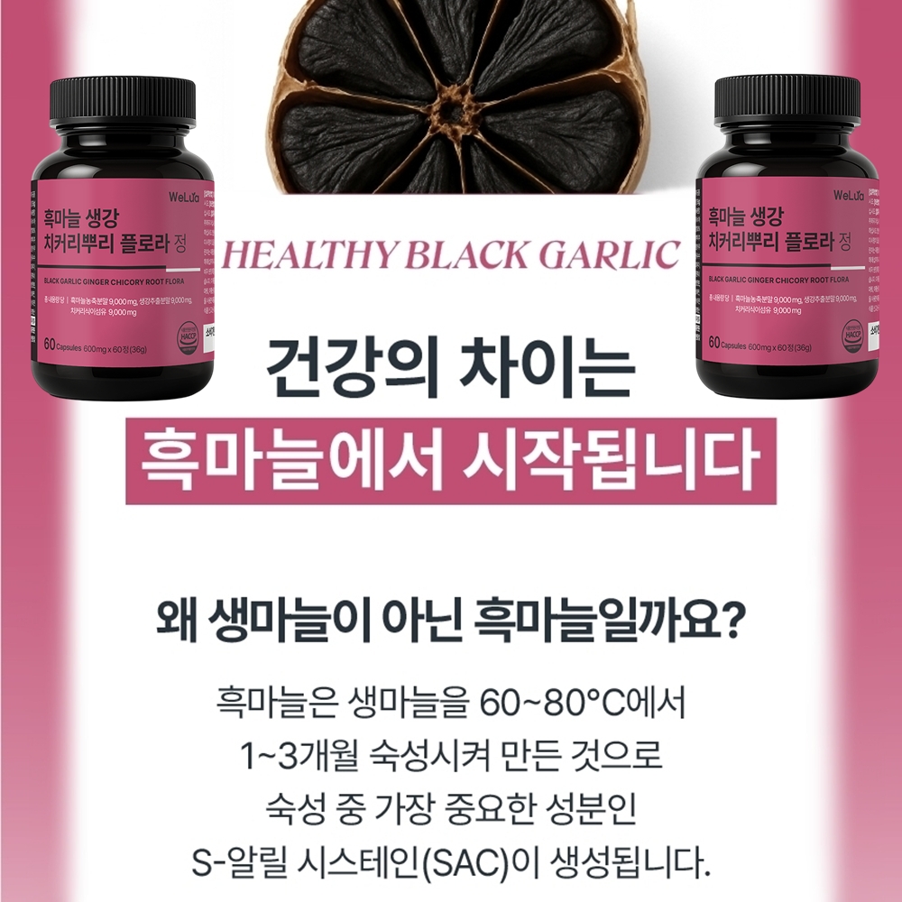 웰루아 흑마늘 농축분말 생강 치커리뿌리 식이섬유 플로라 정 60정, 2개 : 헬씨온유