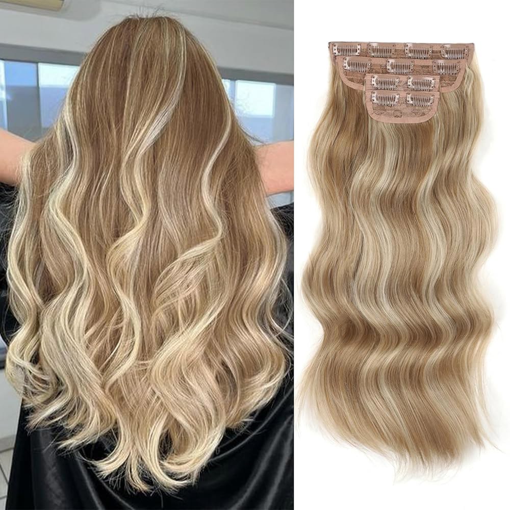 4PCS 금발 혼합 블리치 긴 웨이브 헤어피스 20인치 헤어 익스텐션 클립 여성용 부드러운 합성 : MJSHOP012