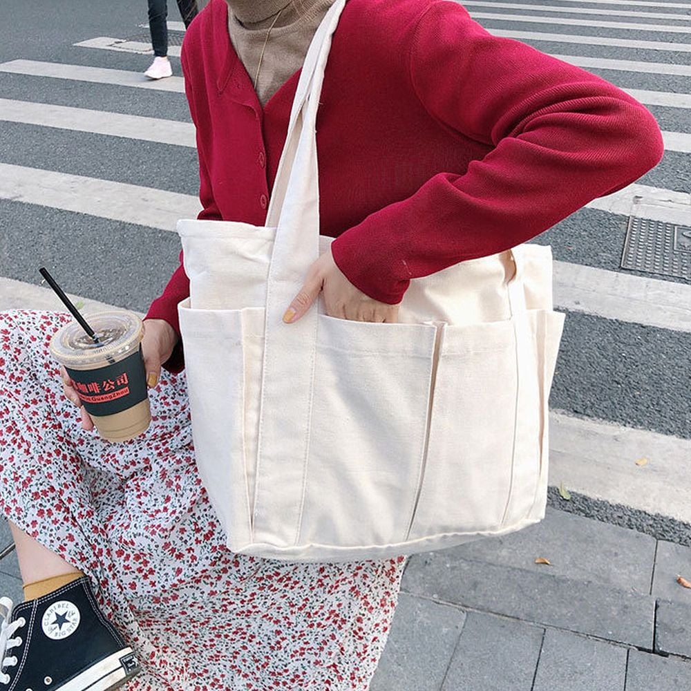 데일리포켓숄더백 지퍼 무지 여밈 대형 심플한 넉넉한 캔버스백 큰사이즈 EW87A12F : 하니스토어07