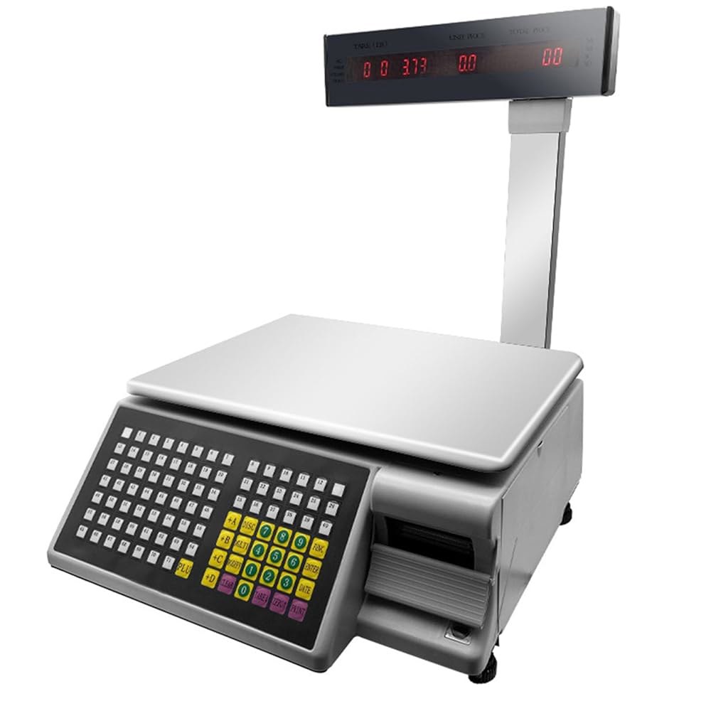 JYXYXSCP 라벨 인쇄 스케일 15kg/30kg 용량 가격 계산 바코드 및 영수증 프린터 포함 극 디스플레이 소매점 슈퍼마켓용 30kg/10g... 