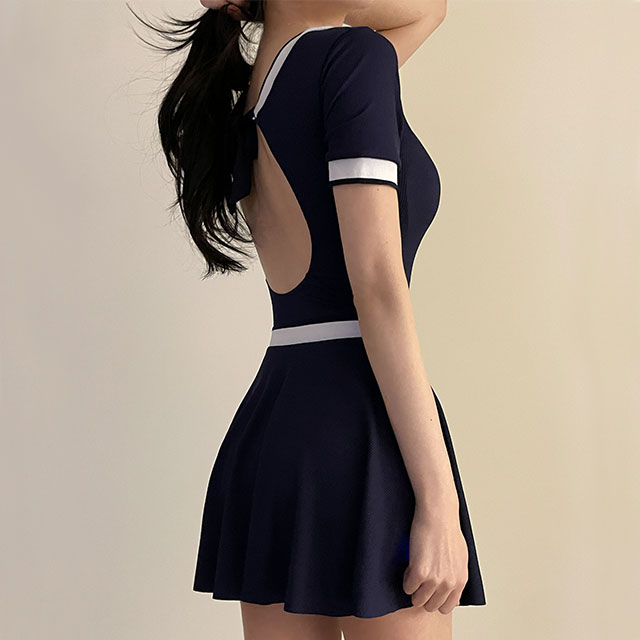 뮤즈 유교걸 몸매보정 커버 반팔 배색 원피스 수영복 비치 치마 체형커버 : 아르무아 armoire
