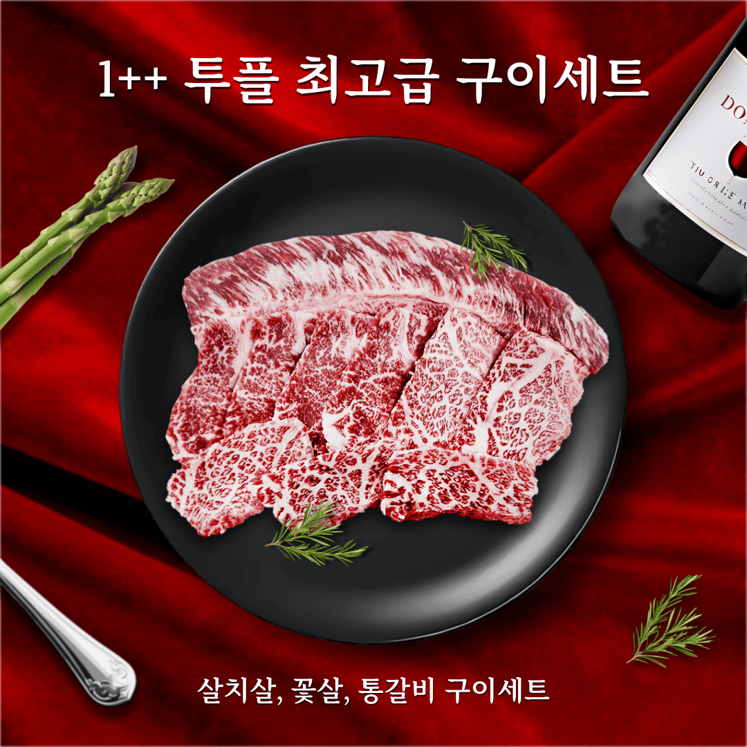 한우 1++ 1+ 최고급 구이세트 통갈비 갈비살 꽃살 살치살 세트 마블링 투플 소고기 1kg 600g : 정애담