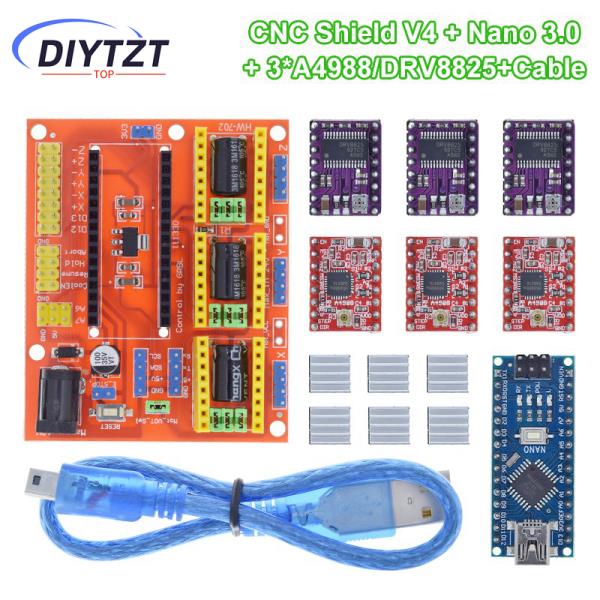 DIYTZT 1SET 3DV4 CNC 쉴드 V4 + Nano 3.0 + 3pcs DRV8825 또는 A4988 Arduino용 스테퍼 드라이버 세트 재포장 : 월드셀러하우스