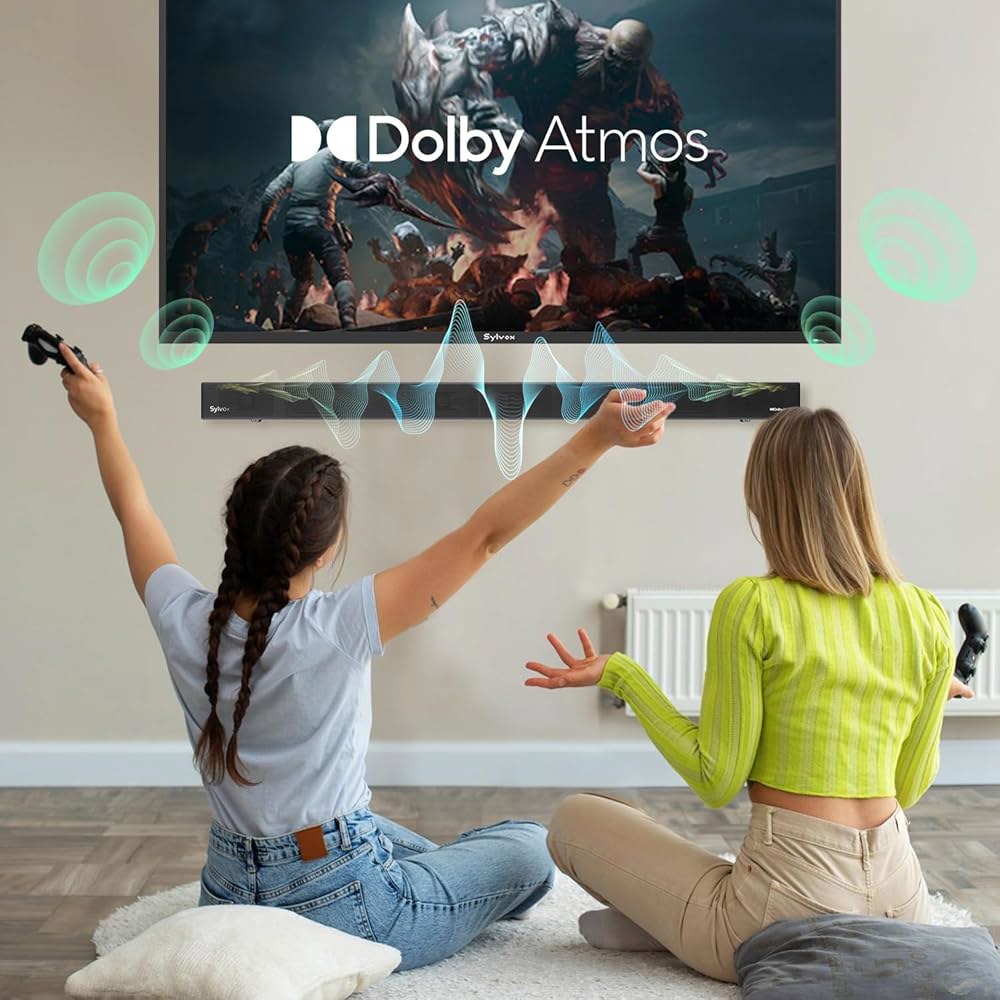 SYLVOX 실외 사운드바 돌비 애트모스 IP65 방수 채널 블루투스 HDMI AUX ARC 광학 USB 울트라 슬림 디자인 EQ 모드 야외 TV 작동 엘프 S3... 