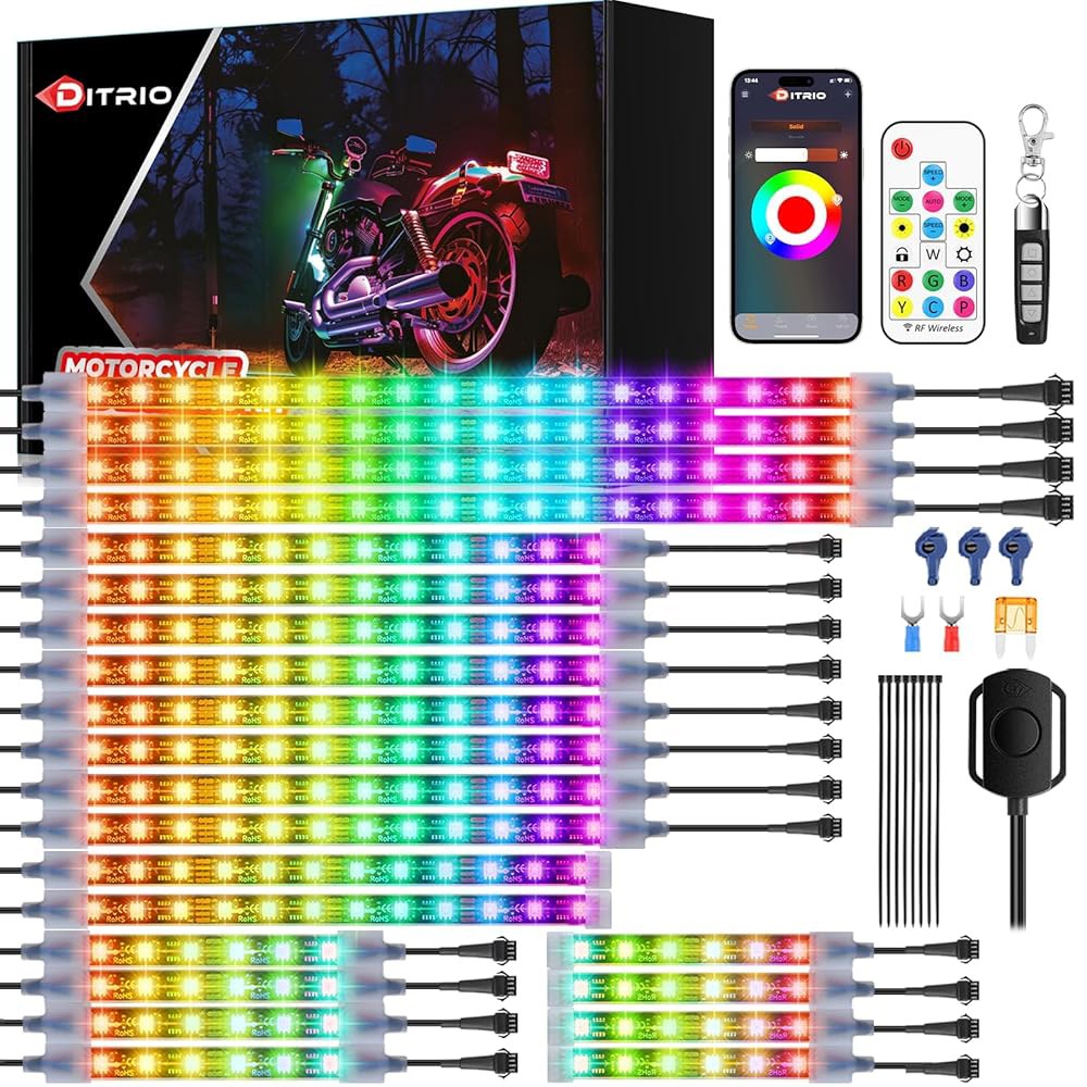 브레이크 턴 시그널이 포함된 22Pc 모터사이클 리드 언더글로우 키트, 디트리오 앱/RF 리모컨이 RGB 조명, 듀얼 존, 모터사이클용 12V 방수... 