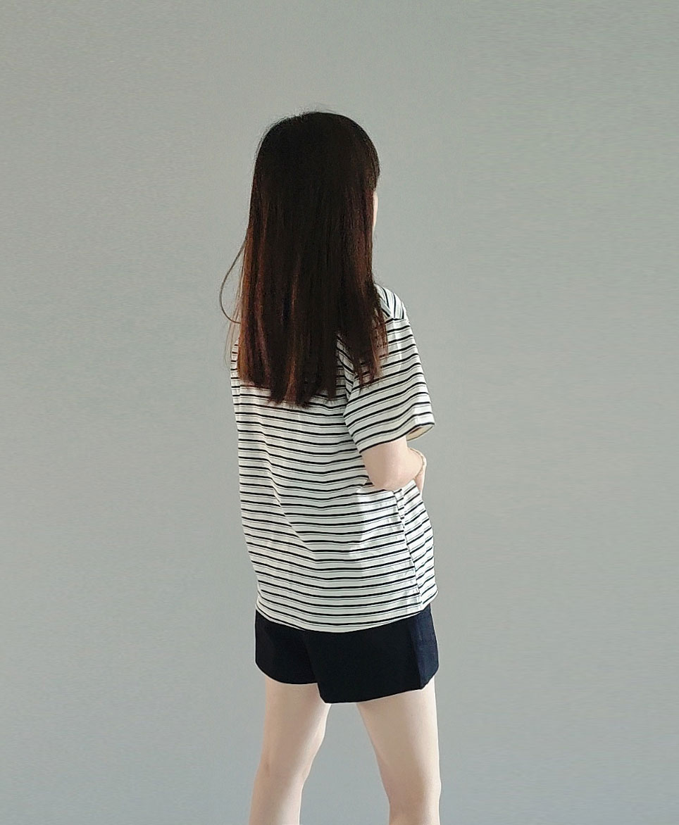 미미토리 탄탄 멀티 단가라 반팔 티셔츠 : MIMITORY