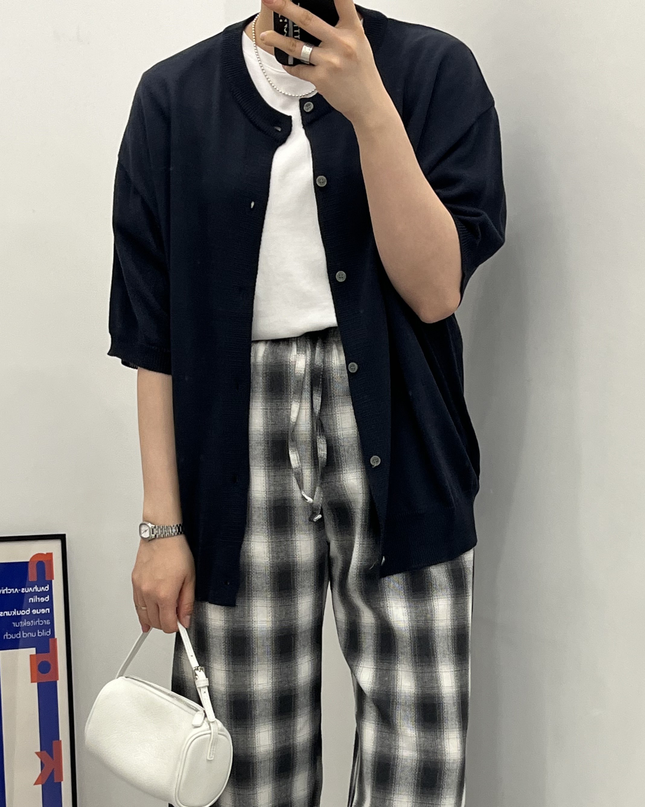 에블 루즈핏 라운드넥 무지 여름 반팔 가디건 : 희노니