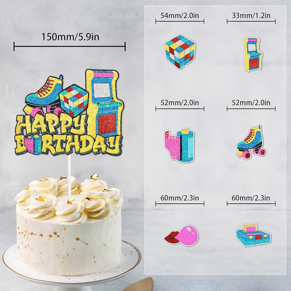 또는 스케이팅 슈가제라 완벽한 케이크 레트로 파티 7 장식 70년대와 생일 축하 파티, - 세트 네온 롤러 토퍼 80년대 PC 테마 : 윈1