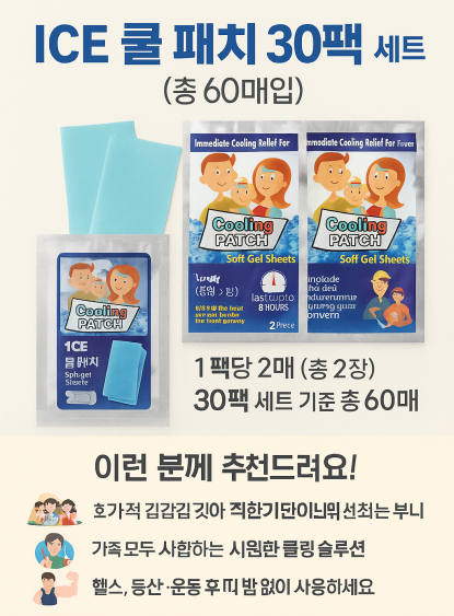 야외활동 쿨패치 여름 체온조절 쿨겔 시트 60매 (30팩) : 동성eng