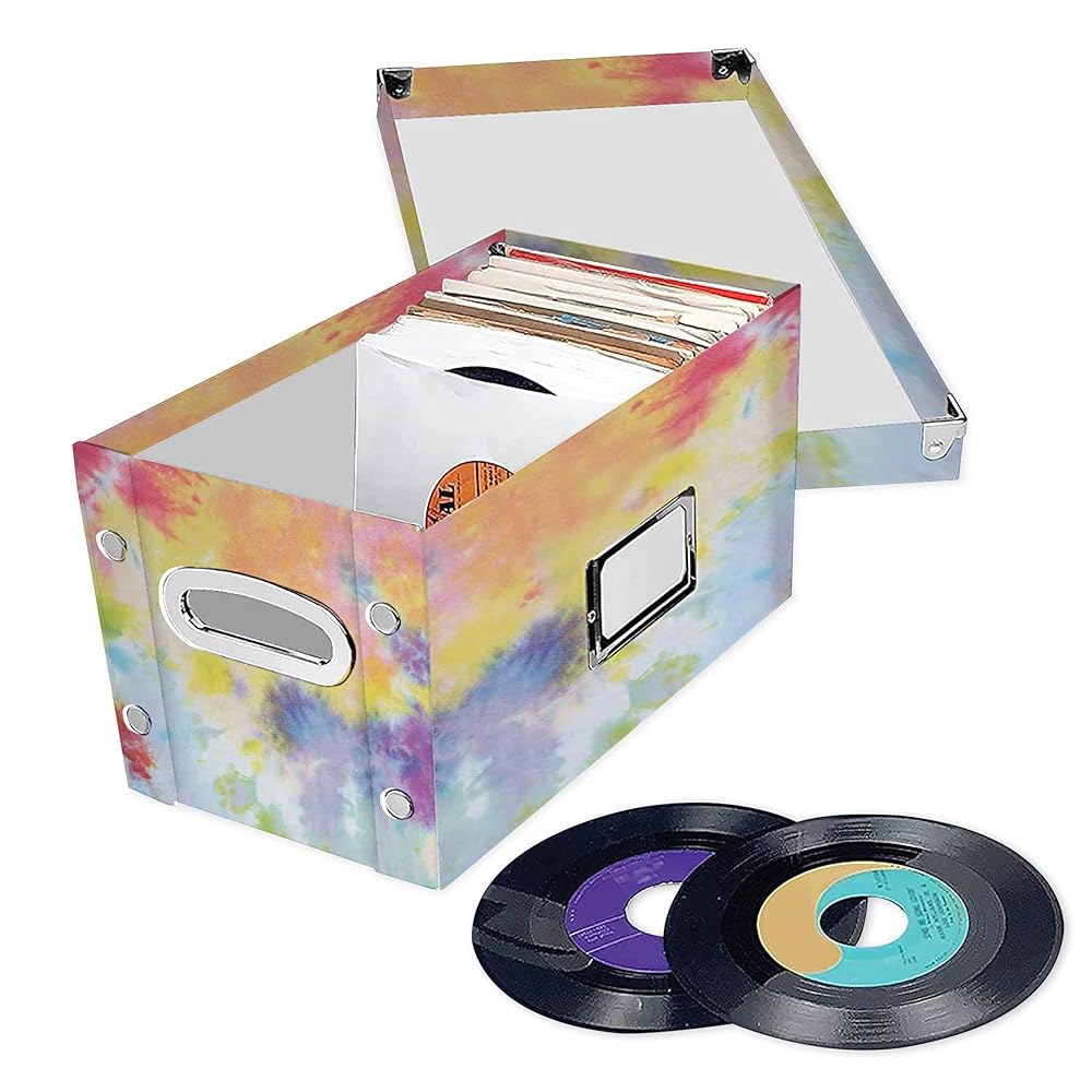 스냅앤스토어 비닐 레코드 보관함 - 뚜껑이 있는 1-8 25 x 7 5 x 14 5 인치 LP 홀더 팩 - 상자에 최대 75 비닐 앨범 보관 - 타이 다이 : 마벨마캣