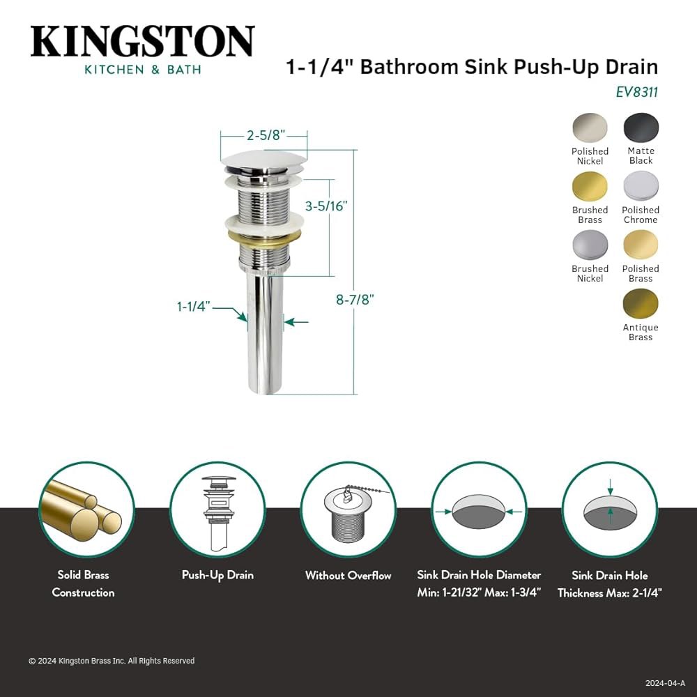 Kingston Brass EV8313 코로넷 푸시 팝업 싱크 배수구 오버플로우 없음 앤티 : 자란몰이