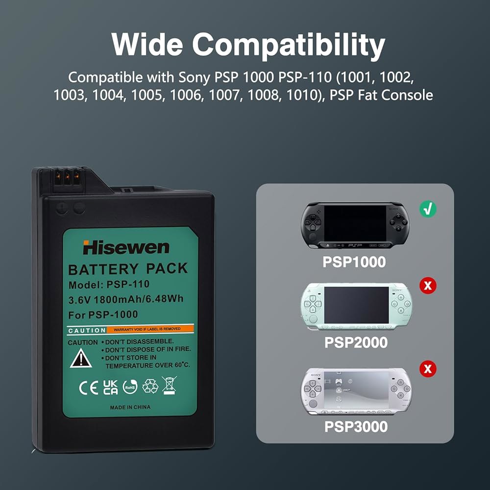 Hisewen PSP 1000 배터리 2팩 및 소니 PSP-110용 고속 충전기 (1001, 1002, 1003, 1004, 1005, 1006, 1007, 1008, 1010), : 이지컴마켓