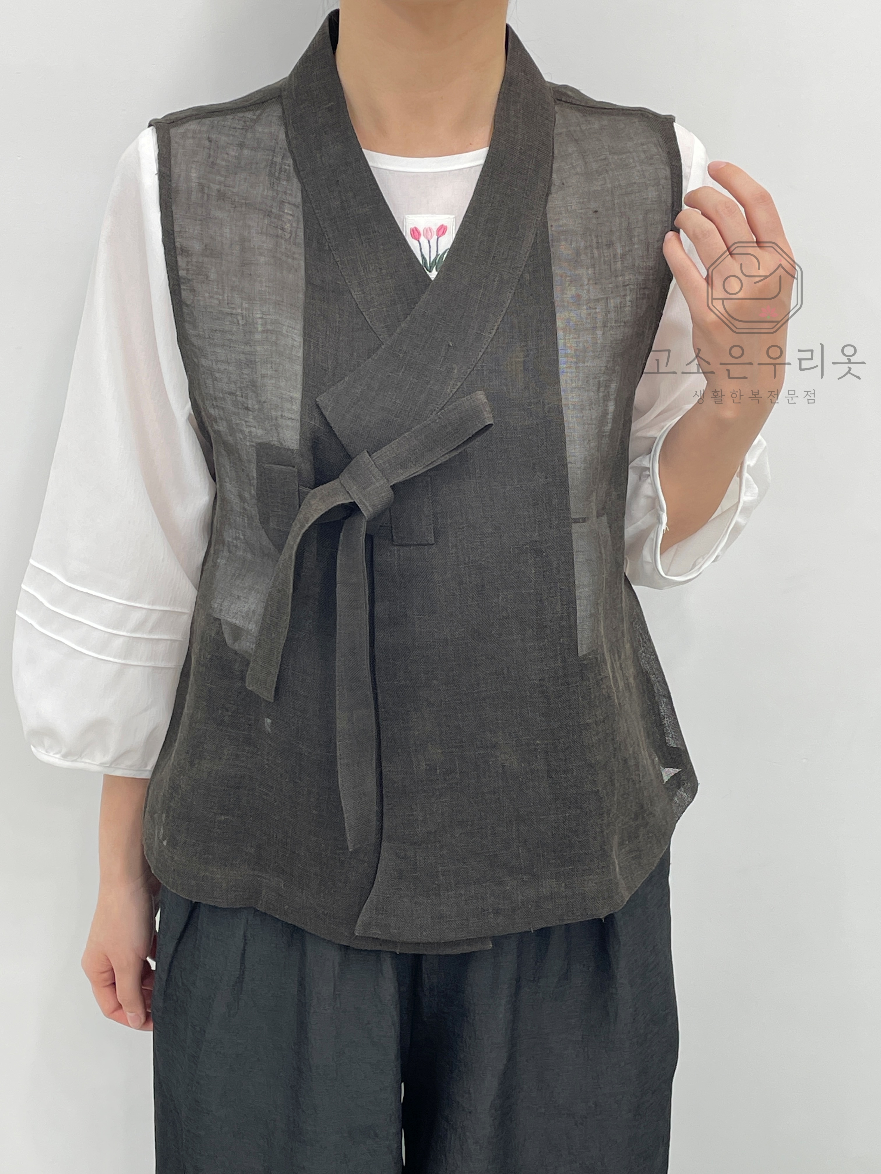 천연염색 삼베조끼 봄 여름절복 여성생활한복 개량 법복 이쁜조끼 : 고소은 우리옷