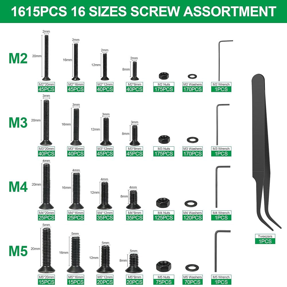1615PCS 미터법 M2 M3 M4 M5 육각 소켓 플랫 나사 카운터싱크 볼트 정렬 키트 너트/워셔 , 10 9 등급 합금 강철 앨런 기계 4개 : 루미솔