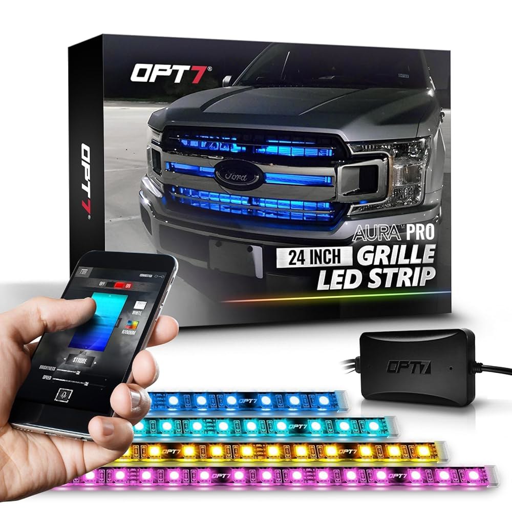 앱 제어 기능이 있는 OPT7 아우라 프로 4pc LED 그릴 조명, 24인치 RGB 스트립, 방수 전면 밸런스, 음악 동기화, 멀티 컬러 외부 조명 키트... 