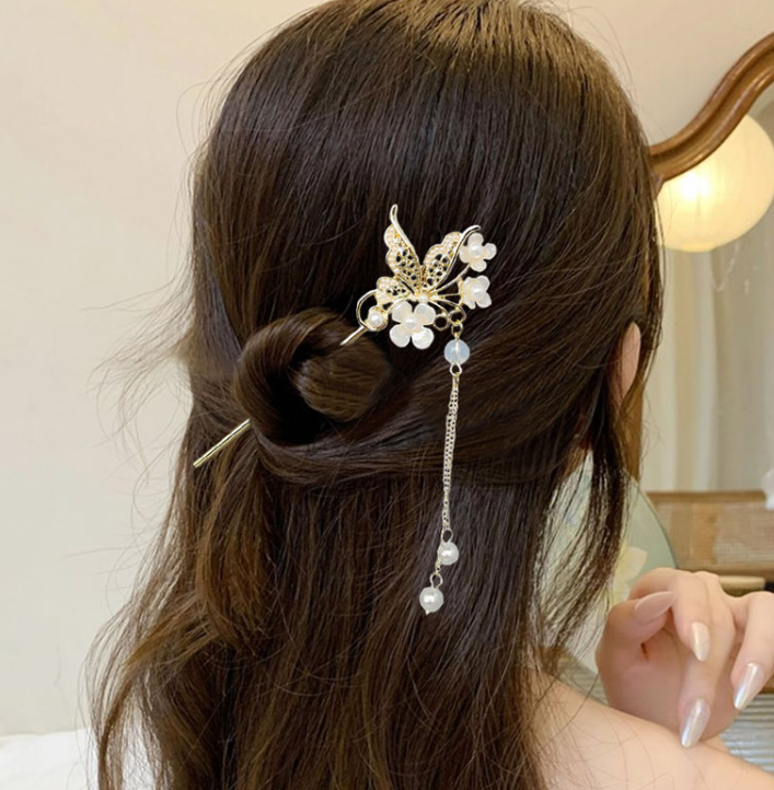 여성용 꽃나비 진주방울 일자 비녀 머리핀 한복 헤어액세사리 : 돈돈두
