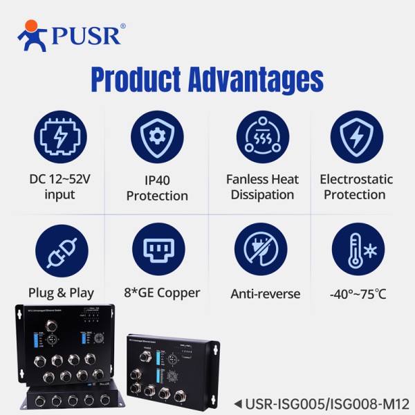 PUSR 5/8 M12 포트 기가비트 산업용 스위치 지원 철도 지하철 USR-ISG005/ISG008-M12용 10/100/1000Mbps 비관리형 이더넷... 
