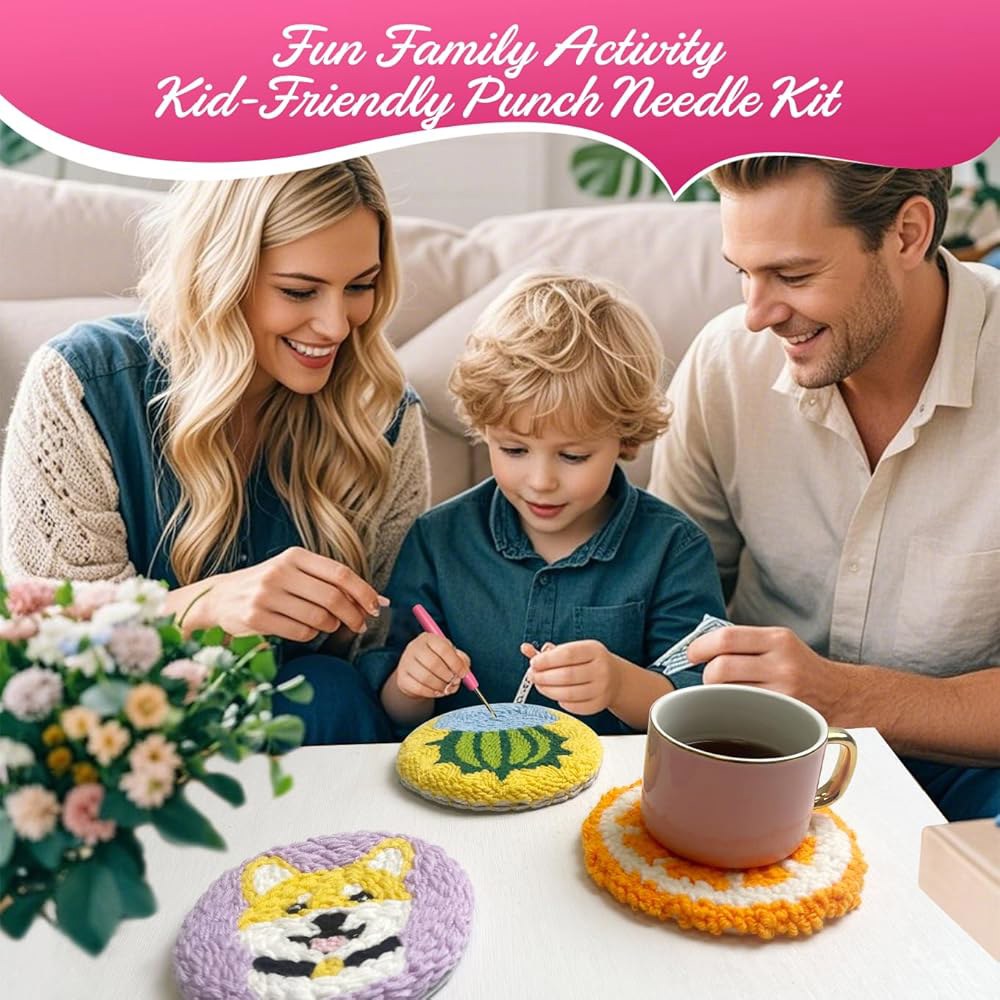 성인 초보자를 위한 펀치 니들 키트, 6피스 귀여운 동물 코스터 스타터 키트 - 지침이 포함된 쉬운 자수 스티치 공예 세트 테이블 장식 및 축제... 