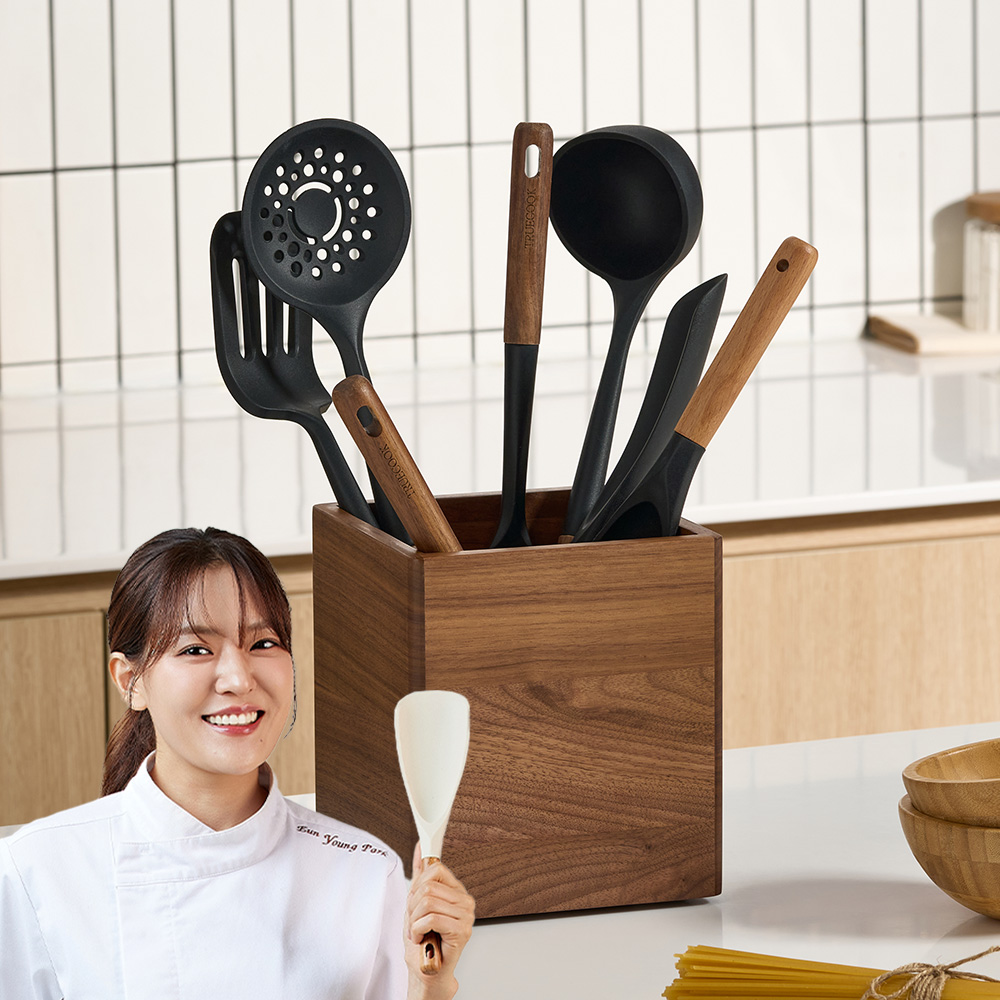 트루쿡 북미산 월넛 실리콘 조리도구 6종 세트, 1세트, 블랙, 국자+뒤집개+서빙스푼+멀티스푼+주걱+집게 상세사진 2